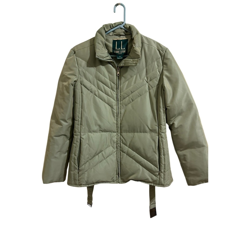 Larry Levine Down Puffer Jacket Sage Green Chevron Quilted‎ Belted Womens Size M